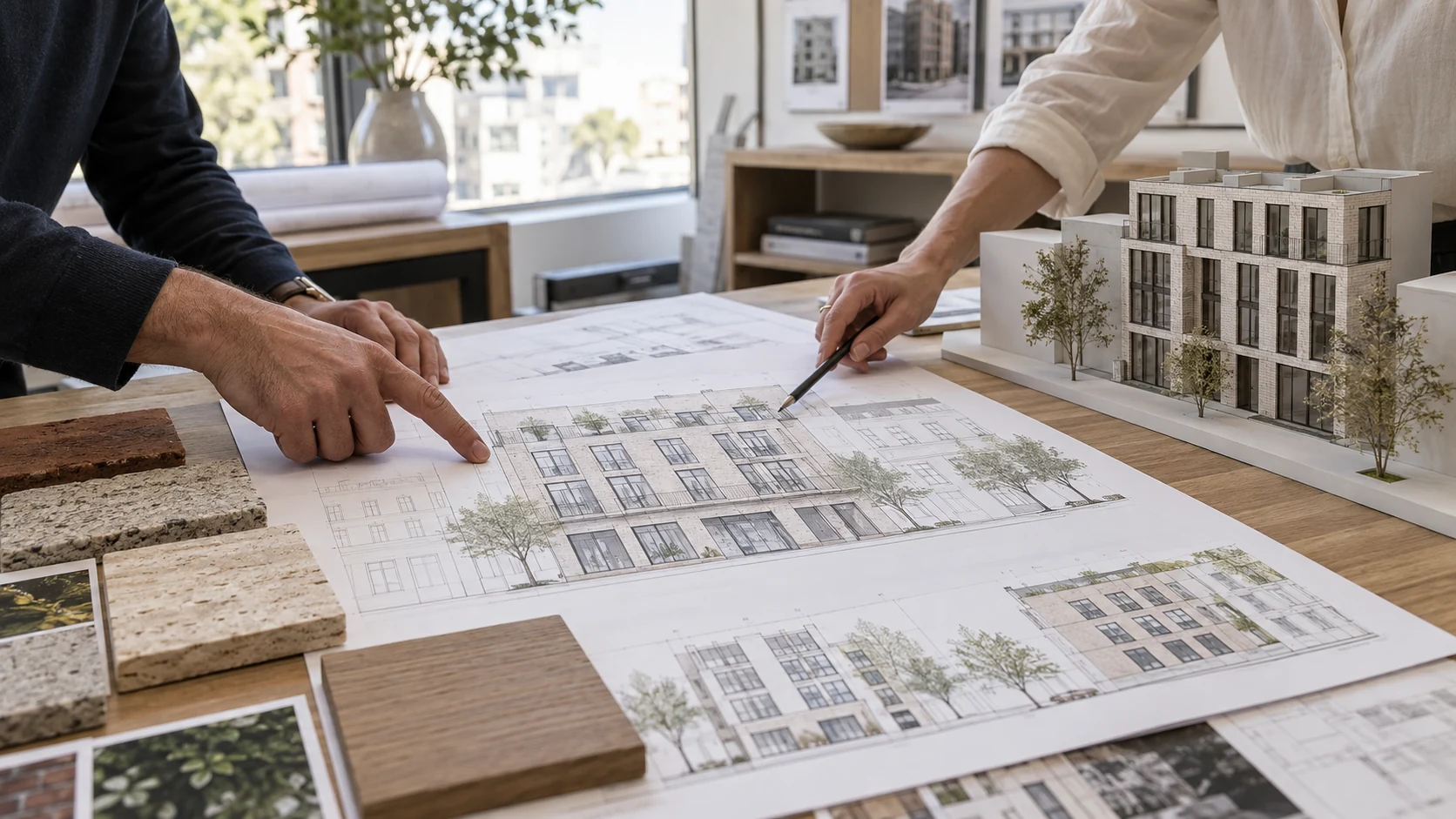 Architects Reviewing Facade Drawings With Material Samples And A Scale Model
