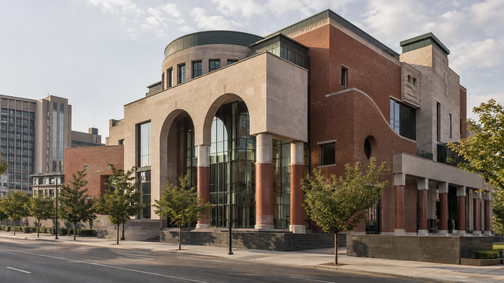 Postmodern Cultural Building With Layered Stone And Brick Forms