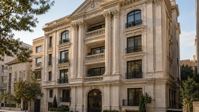 Roman Style Residential Facade With Stone Columns And Arched Windows