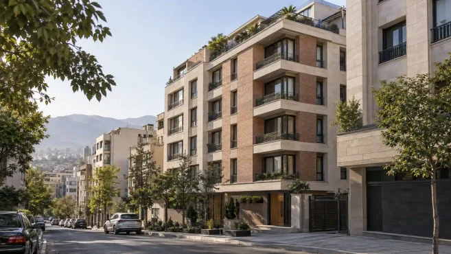 Modern Residential Building With A Stone And Brick Facade, Aligned Balconies, And A Landscaped Streetscape