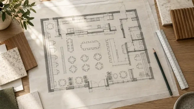 Restaurant Floor Plan Showing Dining Tables, Circulation Paths, And Service Areas On An Architect’s Desk