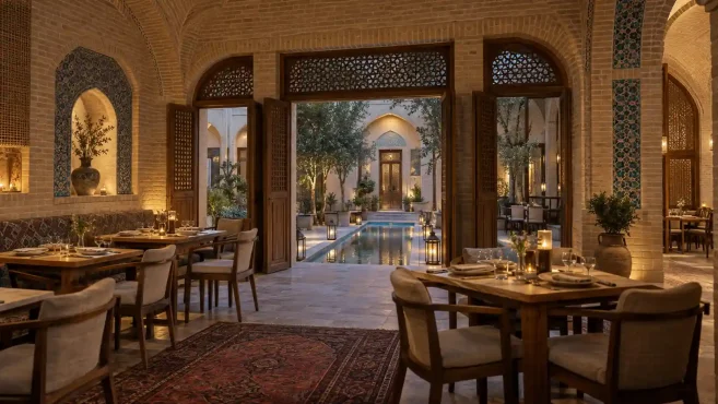 Traditional Iranian Restaurant With Brick Arches, Wooden Details, And A Courtyard Reflecting Pool