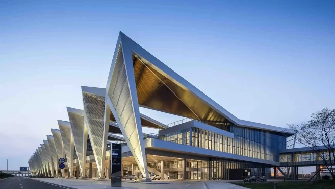 A Modern Building With A Distinctive Geometric Architectural Concept
