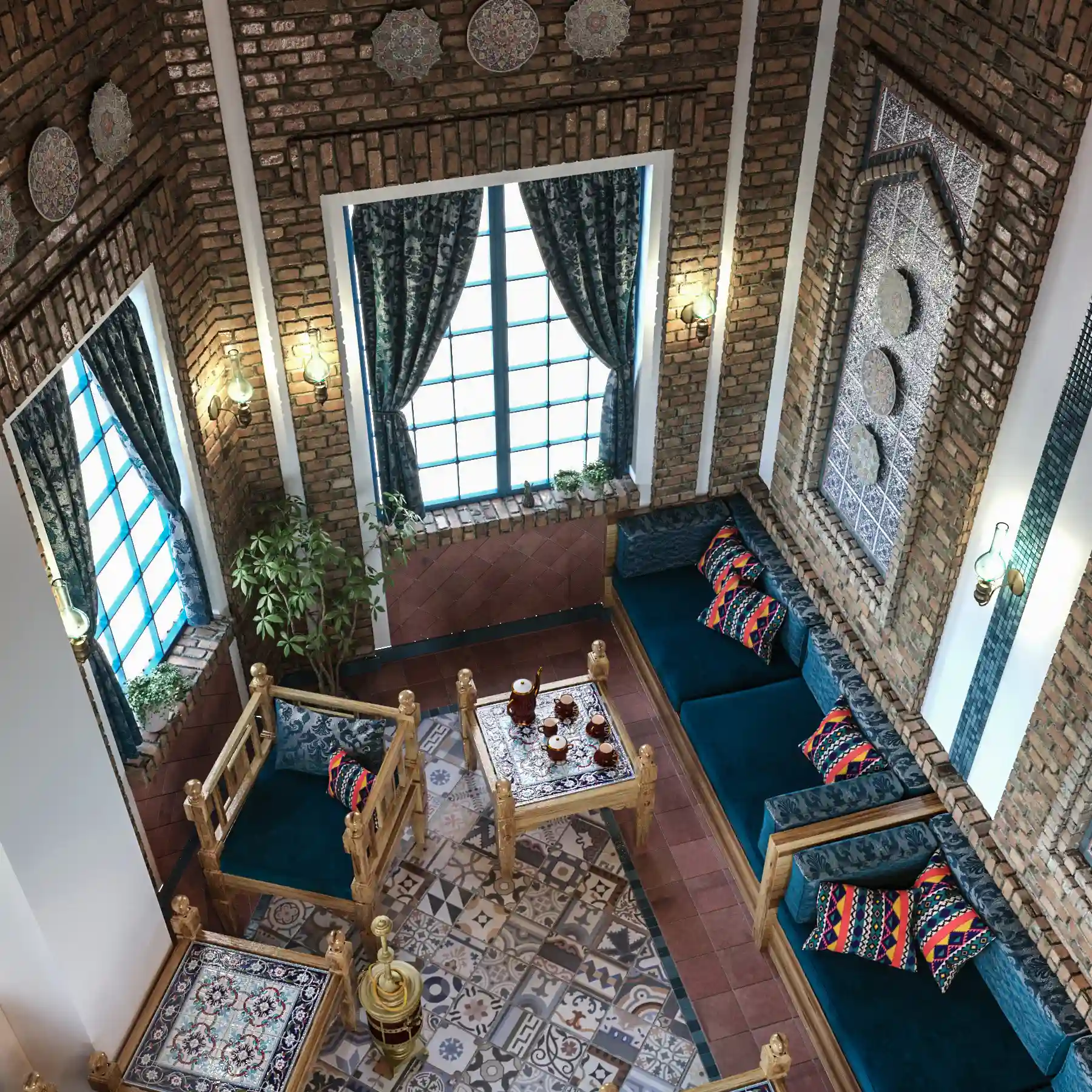 Traditional restaurant interior design inspired by Persian architecture by Farid + Arjmand Architects.
